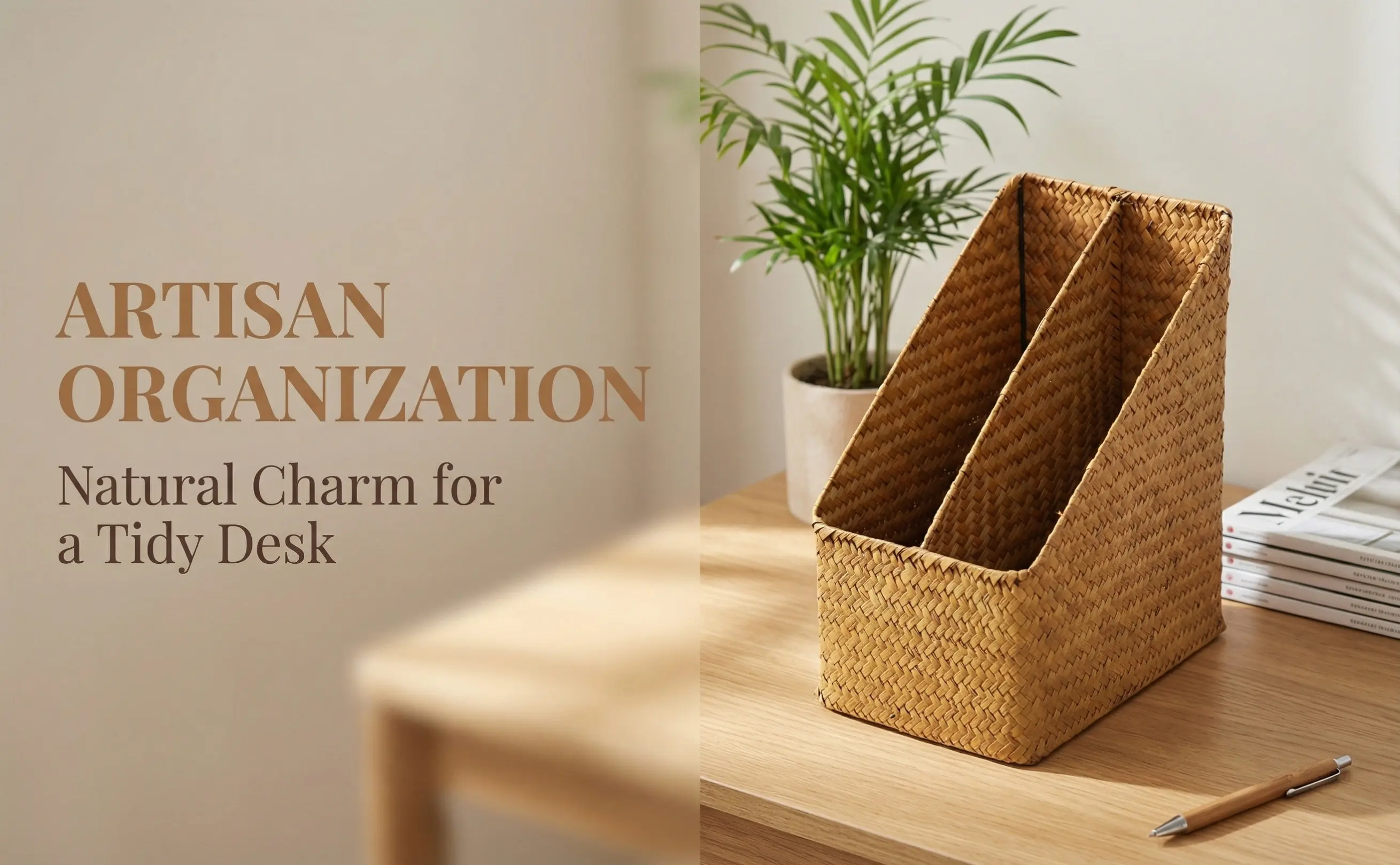 Handwoven Straw Document Organizer File Holder Desktop Book Shelf Storage Rack for Office Home Study Library Classroom Dormitory