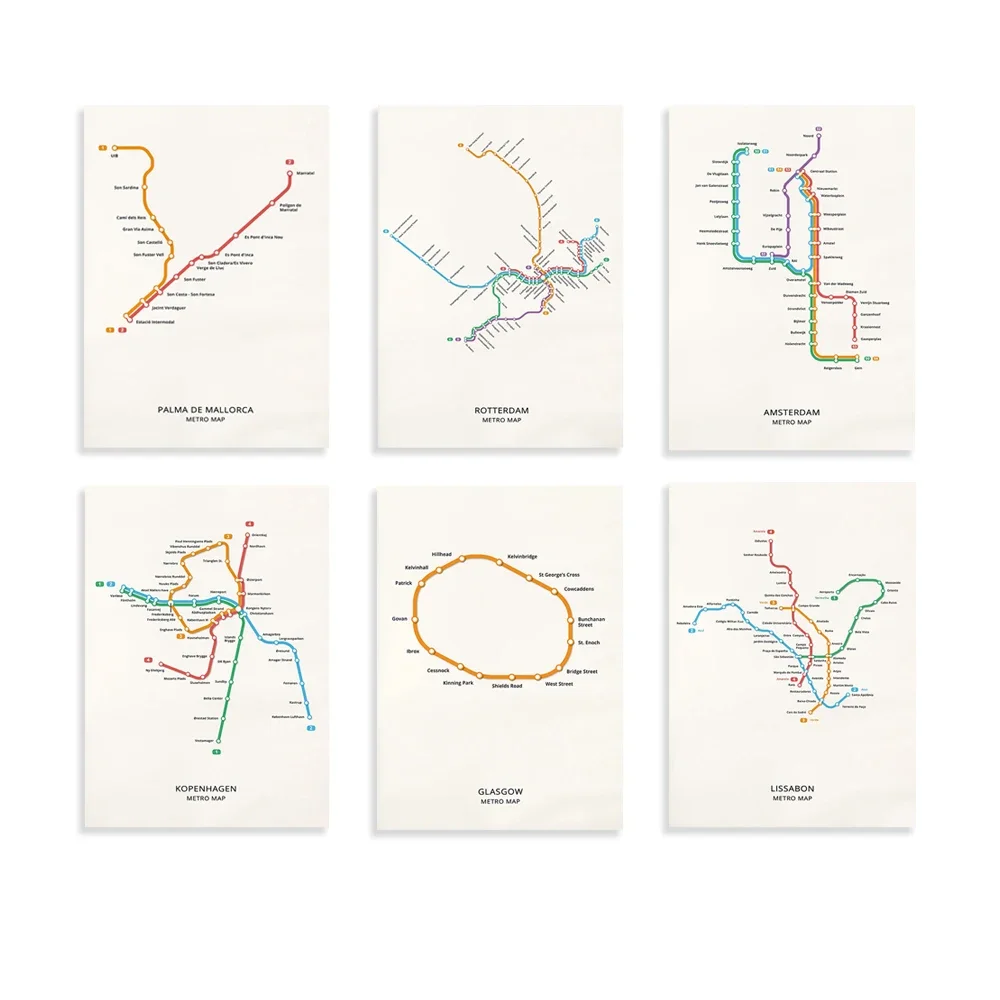 Rotterdam, Copenhagen, Amsterdam, Lisbon, Palma, Glasgow subway map, subway map poster