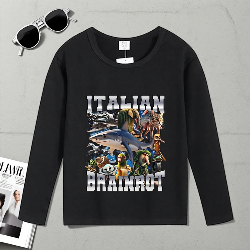 

Italian Brainrot Children Black White Long Sleeve T-shirt Loose Comfortable Top Cartoon Pattern T-shirt Children's Birthday Gift