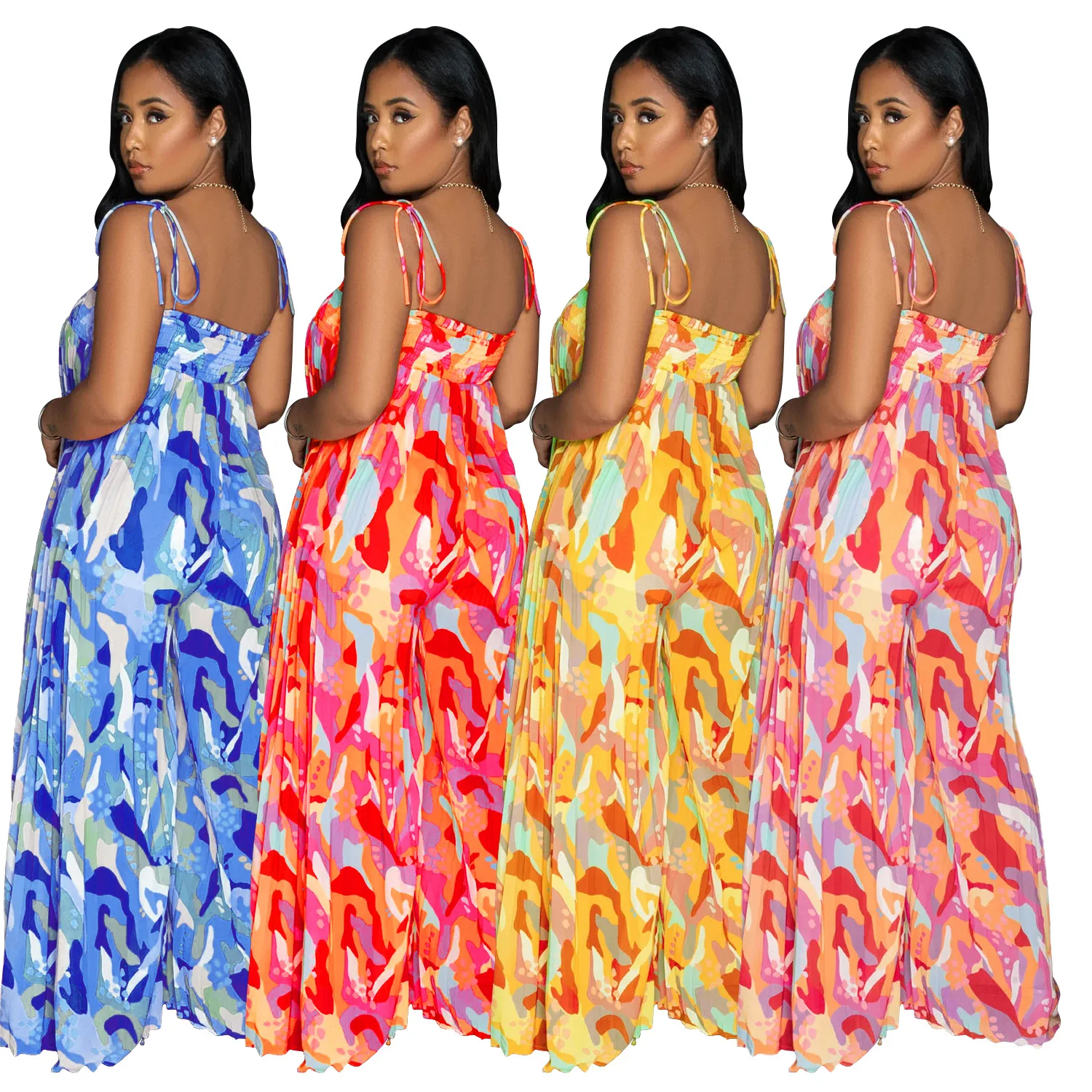 Tuta da donna Tuta a gamba larga pieghettata con bretelle stampate alla moda e sexy 2025 Estate