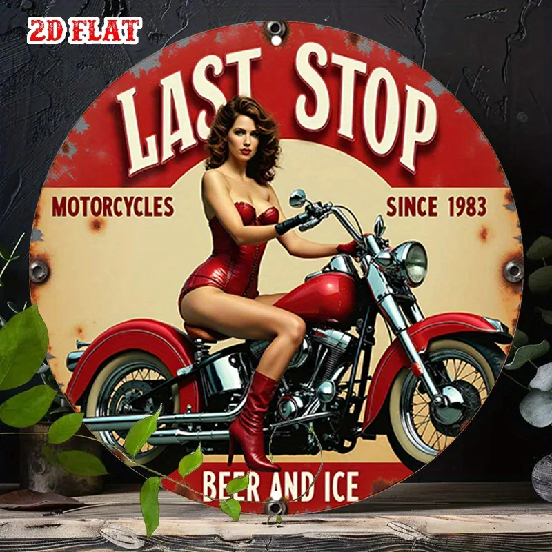 2D Flat Round Aluminum Sign, Motorcycle Ride Metal Tin Sign - Vintage Rustic Wall Art, Sexy Pose Metal Decor,Wall Signs for Home