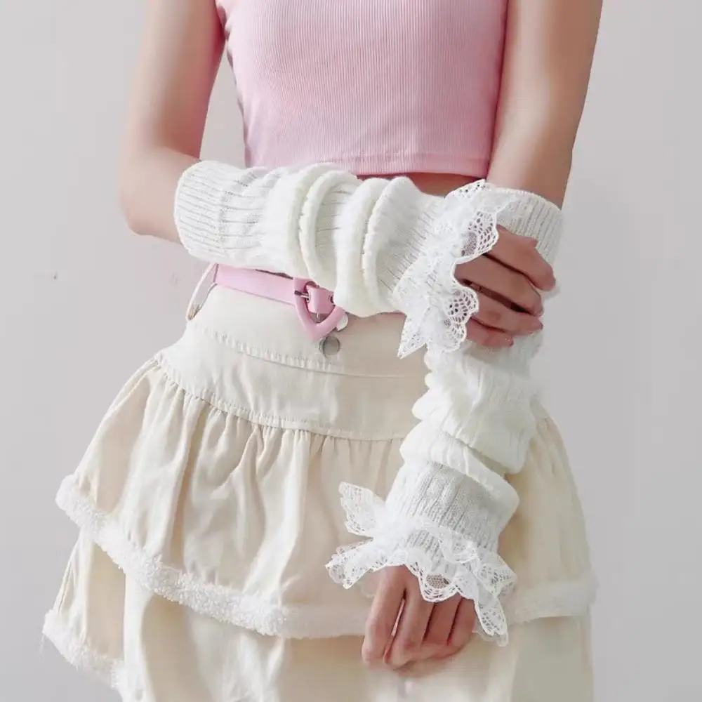 Y2K Sarung Tangan Pergelangan Tangan Panjang Tanpa Jari Ikatan Simpul Lengan Tebal Warna Polos Sarung Tangan Renda Ruffle Penghangat Lengan Rajutan Gotik Lolita