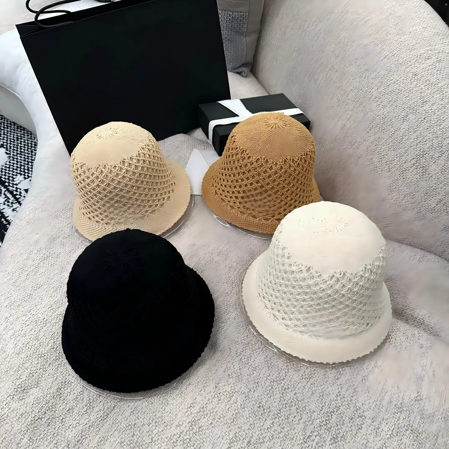 

Women Knitted Bucket Hat Summer Hollow Out Crochet Sun Hat Breathable Foldable Beach Cap Casual Solid Color UV Protection Fisher