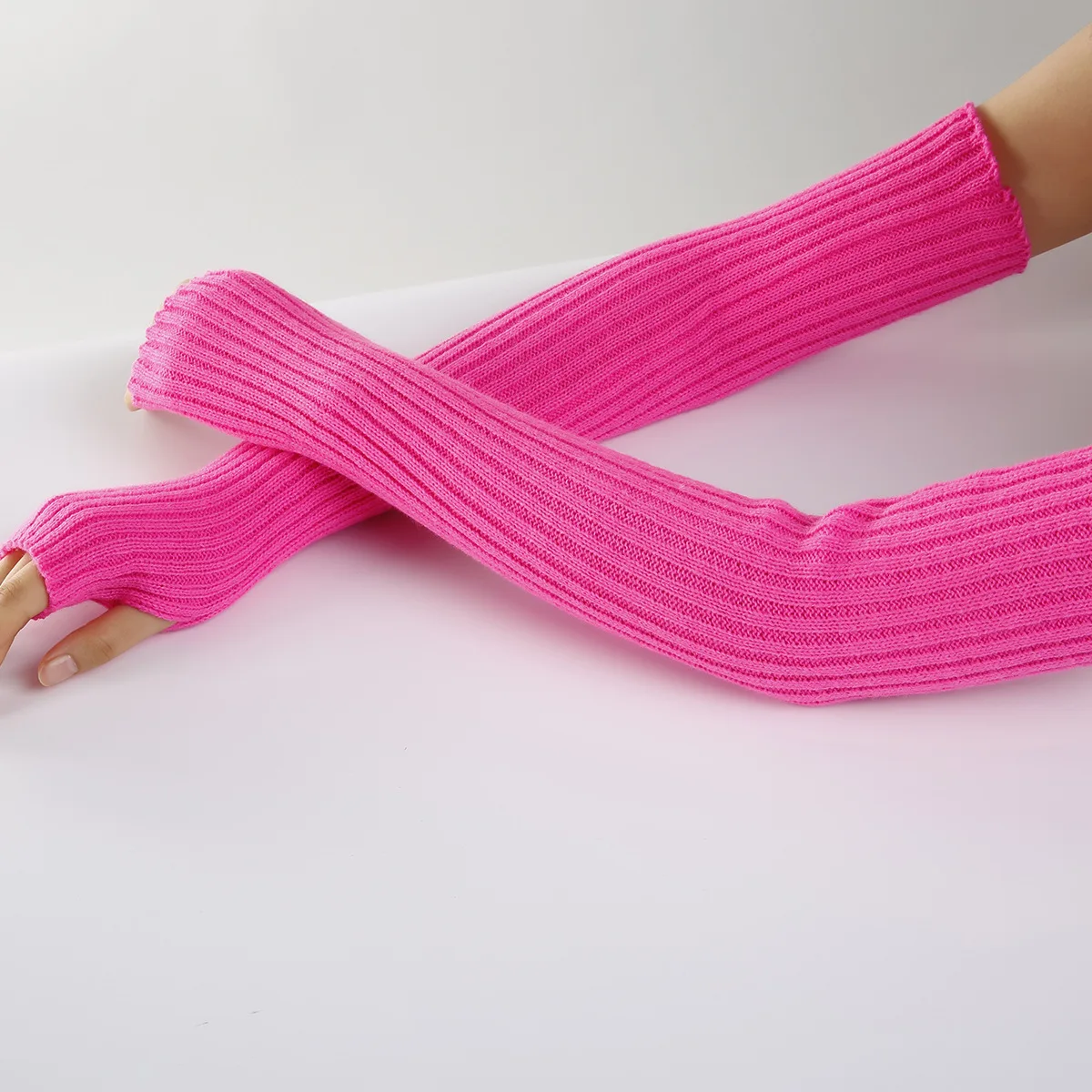 Unisex Extra‑Long Rib‑Knit Finger‑Cutout Arm‑Warmers Solid‑Color Slouchy Forearm‑Cuffs Fall‑Winter Cold‑Shield Y2K Knit‑Gloves