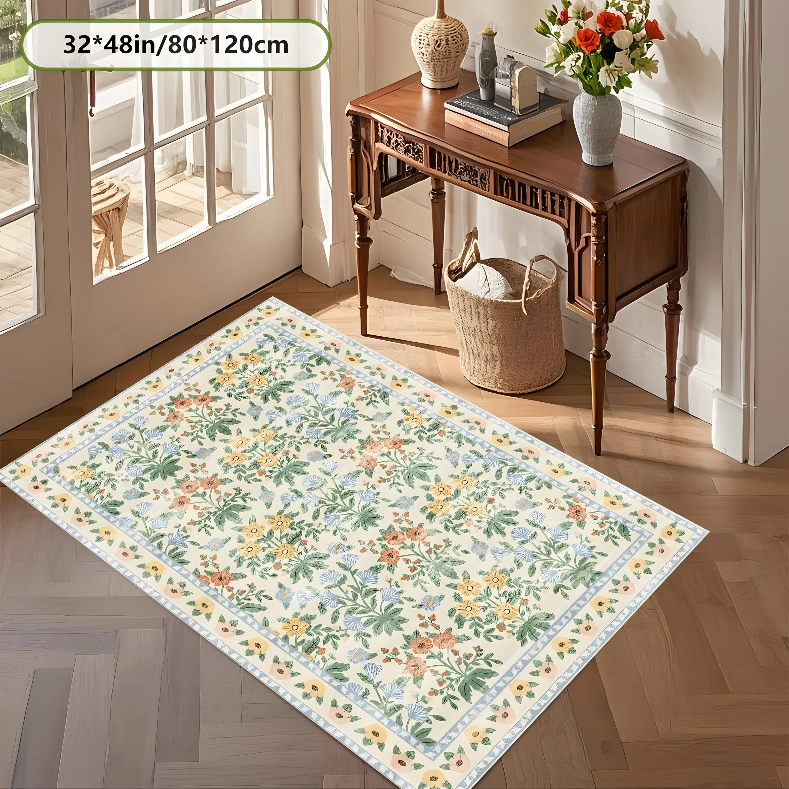 2D Carpet with Retro Pastoral Small Floral Pattern in a Gentle French Style for Living Room and Bedroom
