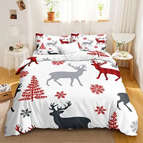 Christmas Duvet Cover Set Christmas Deer Snow and Christmas Tree Print White Holiday Theme Bedding