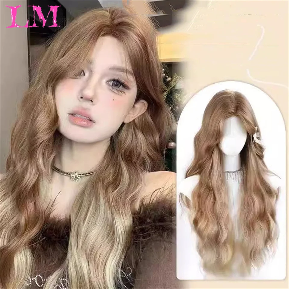 Long Blonde Ombre Brown Synthetic Wigs Water Wavy Platinum Wigs with Bang Hair Wig for Women Daily Cosplay Party Heat Resistant