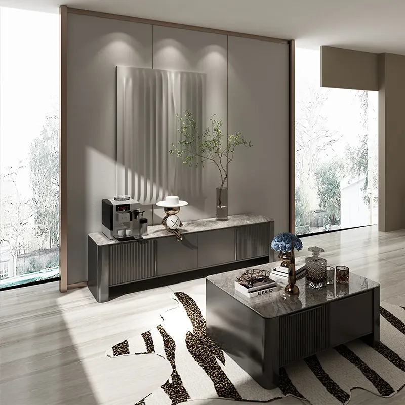 Minimalist TV Cabinet and Coffee Table Combo Solid Wood Floor Unit Modern Rock Slab Sideboard for Small Apartment Living Room