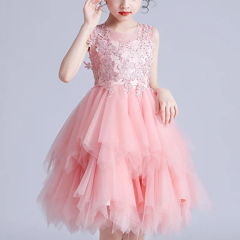 

Girls‘ Short Dresses Wedding Party Clothes Flower Casual Mesh Gown Princess Summer Girls Dress Children's Layered Dress