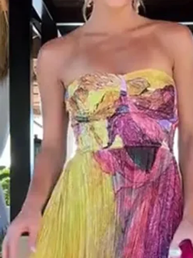 2025 New Sexy Sling High Waist Party Dress Woman Elegant Pleated Print Robes Dress Summer Fashion Sleeveless Hollow Boho Dresses