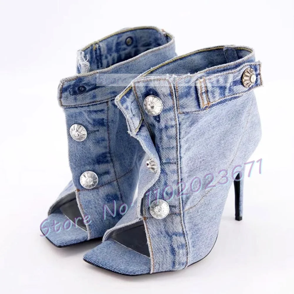 Open Toe Denim Ankle Boots Female Stylish Front Buttons High Heels Shoes Square Toe Party Women Buckle Strap Cool Cowboy Boots