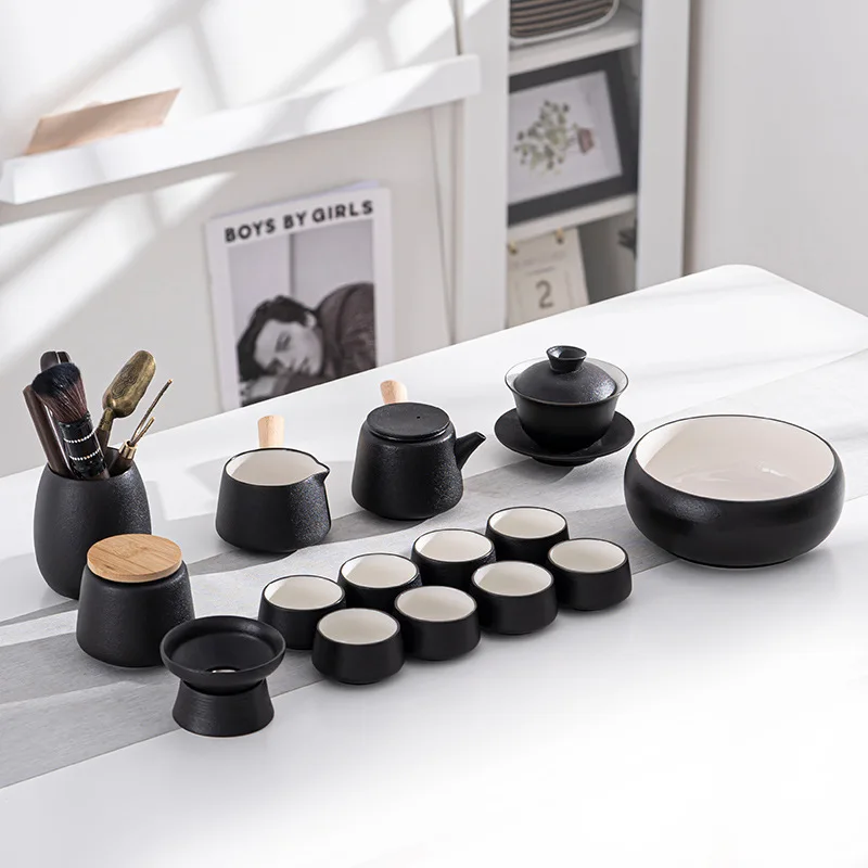 Black Ceramic Kung Fu Tea Set for Home Use, Simple Ceramic Dry Tea Tray, Light Luxury High-End Modern Small Gift Box