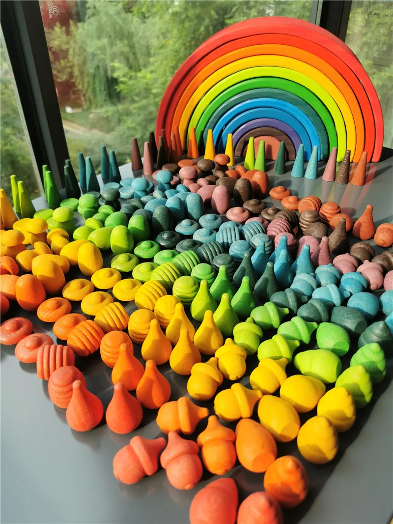 Kids Wooden Montessori Toys Rainbow Loose Parts Wood Mushrooms Honeycomb Droplets Bamboo Shoots Acorns Tree Cones