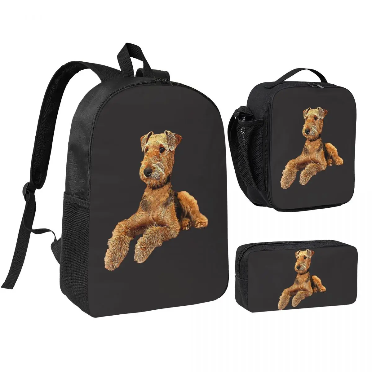 Airedale Terrier Beautiful Dog Backpack Boys Girls BookBag School Bag Shoulder Bags 3ps Insulated Lunch Bag Pencil Case