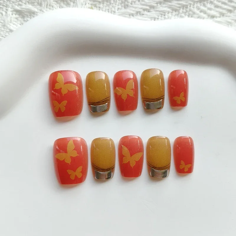 10Pcs French Style Gold Shimmer Butterfly Cat's Eye Black Gold Dark Night Gradient High-End Feel Easy-Matching Press On Nails