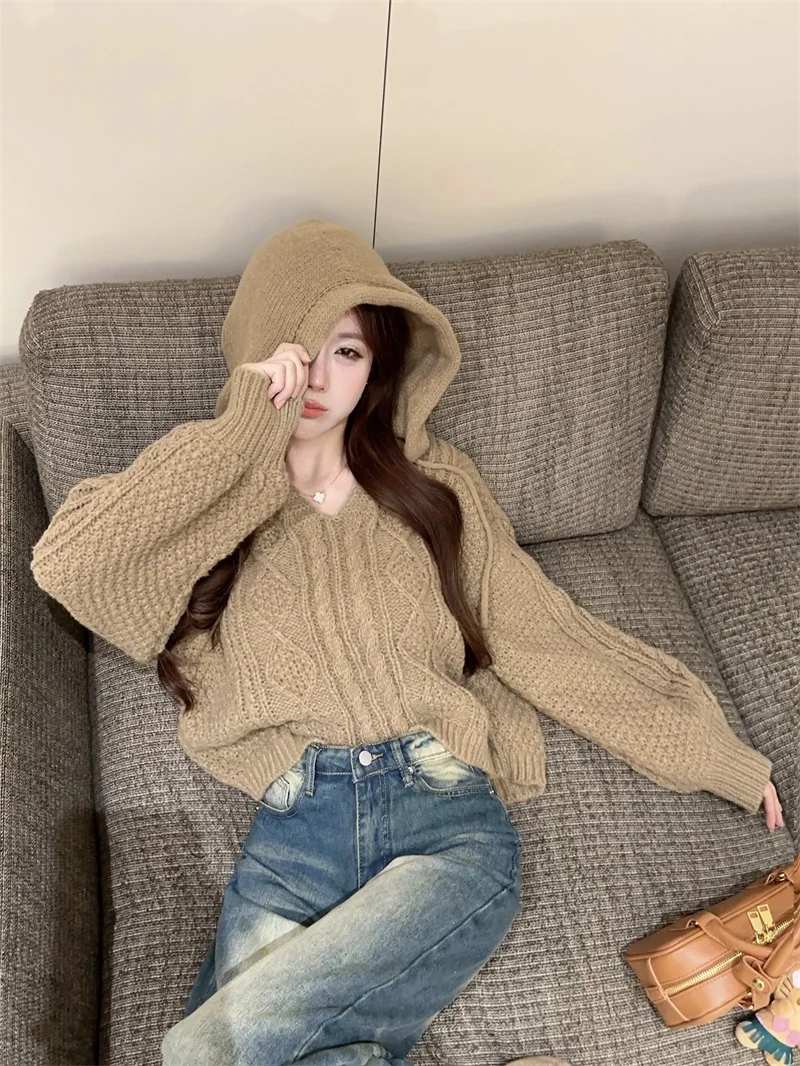 Soft Cozy V-Ne Long Sve Women's Knitwear Spring Autumn Loose Fit Hooded Sweater Comfortable Breathable Warm Thermal Top