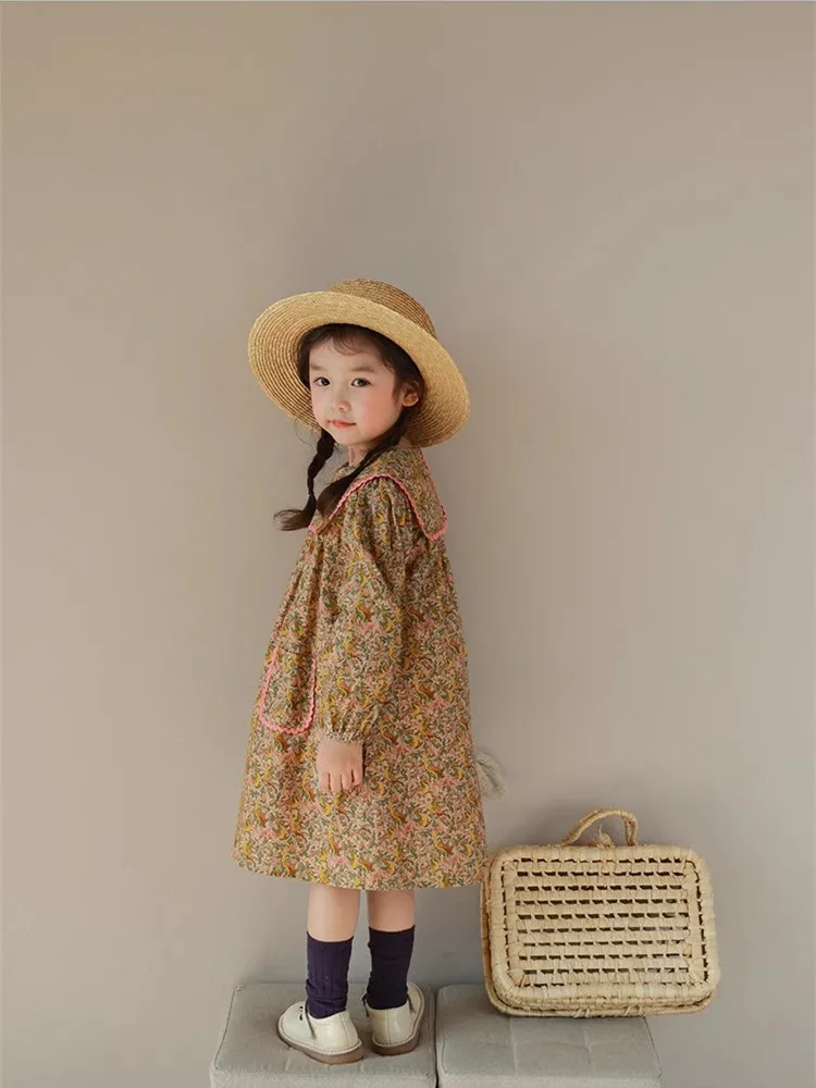 2024 Vintage Flower Printed Girl Dress Peacock Animal Printing Girls Dresses Cotton Comfortable Children Clothing Top Shorts Set