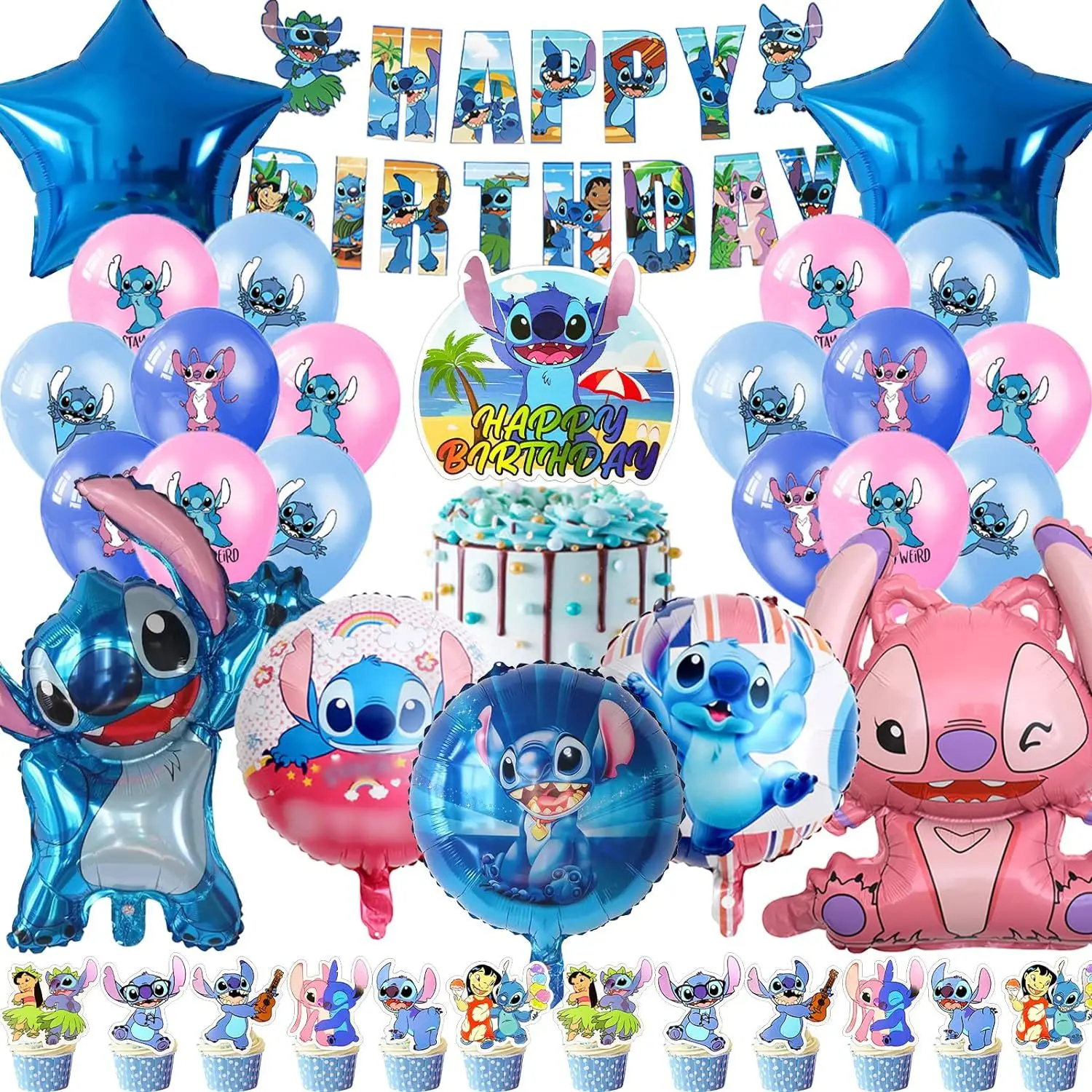 Lilo & Stitch 만화 애니메이션 테마 생일 장면 장식 용품, 파티 장식, 배너, 풍선, 깃발 당기기, 파티 세트