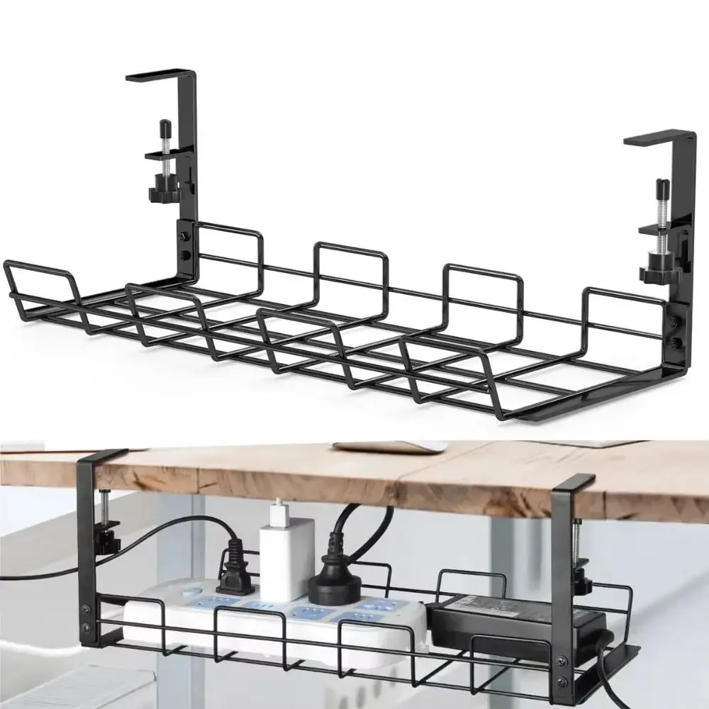 No Punching Under Table Storage Rack Sturdy Adjustable Clamps Metal Cable Management Tray Hanging Shelf Space Saving