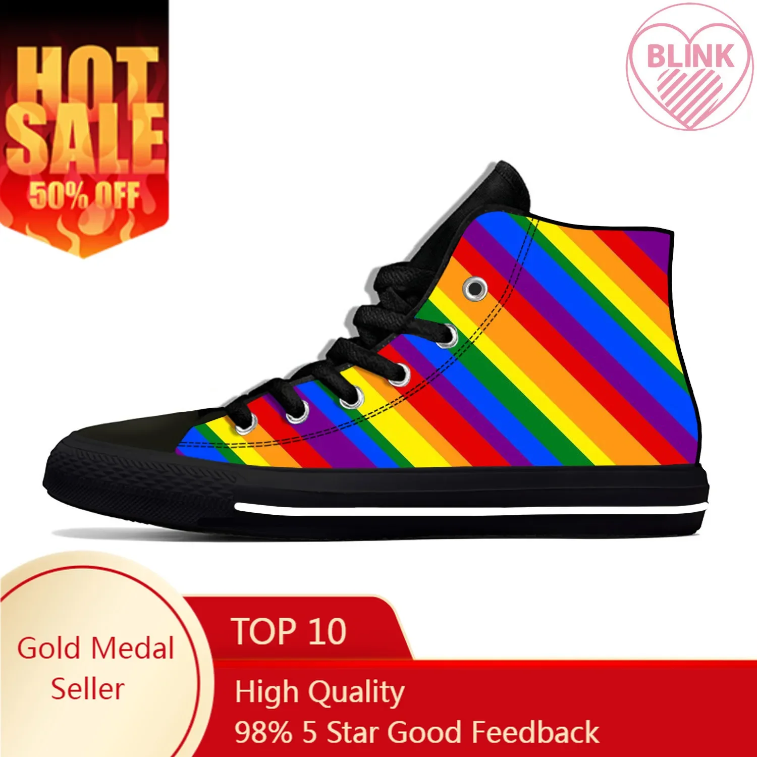 LGBT LGBTQ Gay Lesbian Rainbow Pride Flag Cartoon Casual Cloth Shoes High Top Comfortable Breathable 3D Print Men Women Sneakers