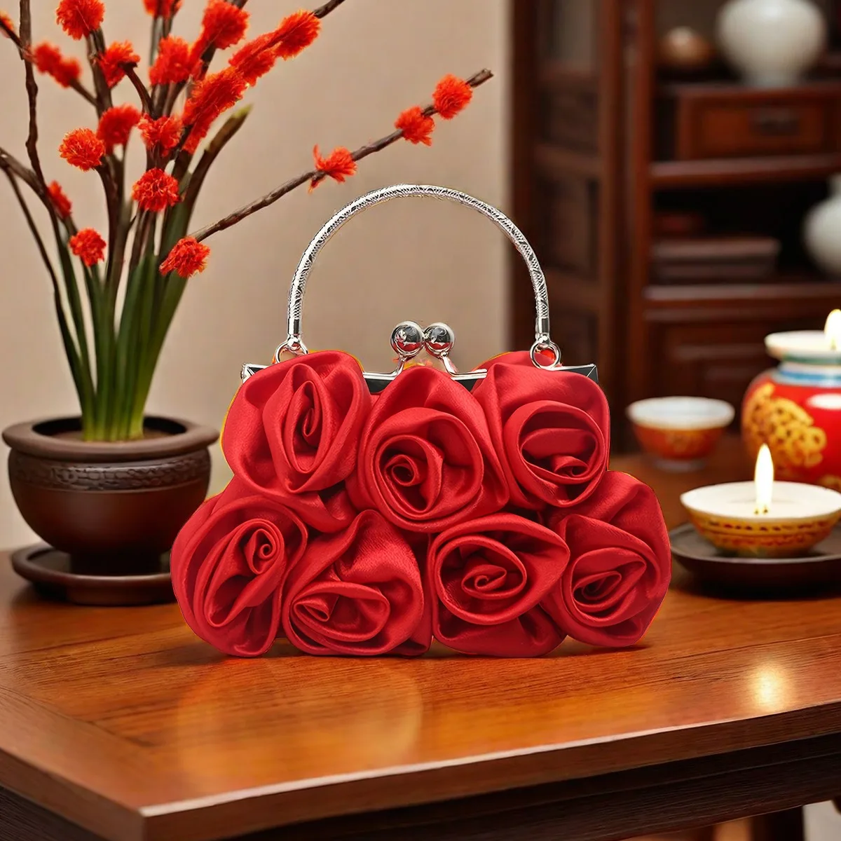 Flower Decor Kiss Lock Metal Handle Clutch, Elegent Textured Frame Handbag Purse, Cocktail Prom Dinner Evening Bag Gift to girl