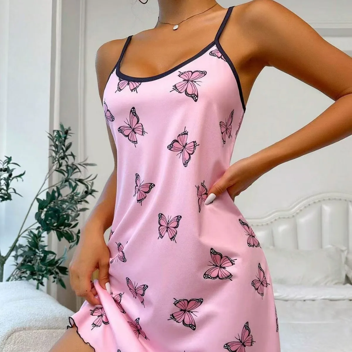 

Heart Printed Casual Frill Trim Nightdress Sleepwear Women's Sexy Lingeire Round Neck Backless Slip Dress Comfortable Nightgown