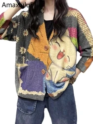 Amax luluE 2024 Winter Ladies Harajuku Cartoon Knitwear Womens Fashion Printed Patchwork Leisure Sweaters Loose Punk Cardigans