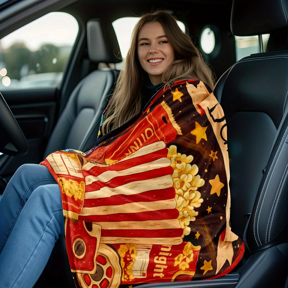 Personalized Popcorn Movie Night Flannel Blanket – Soft, Lightweight Throw with Custom Name, Red & White Striped Design, Perfect