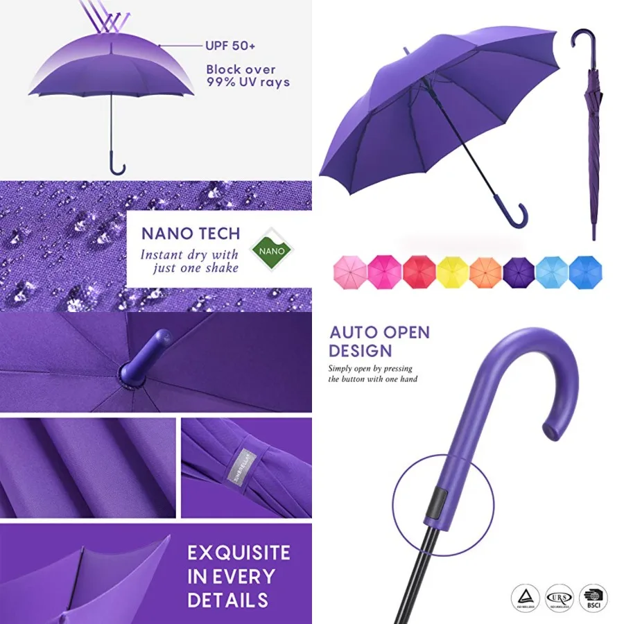 

RUMBRELLA UV Stick Umbrella Auto Open UPF 50+ with J Hook Handle 51IN