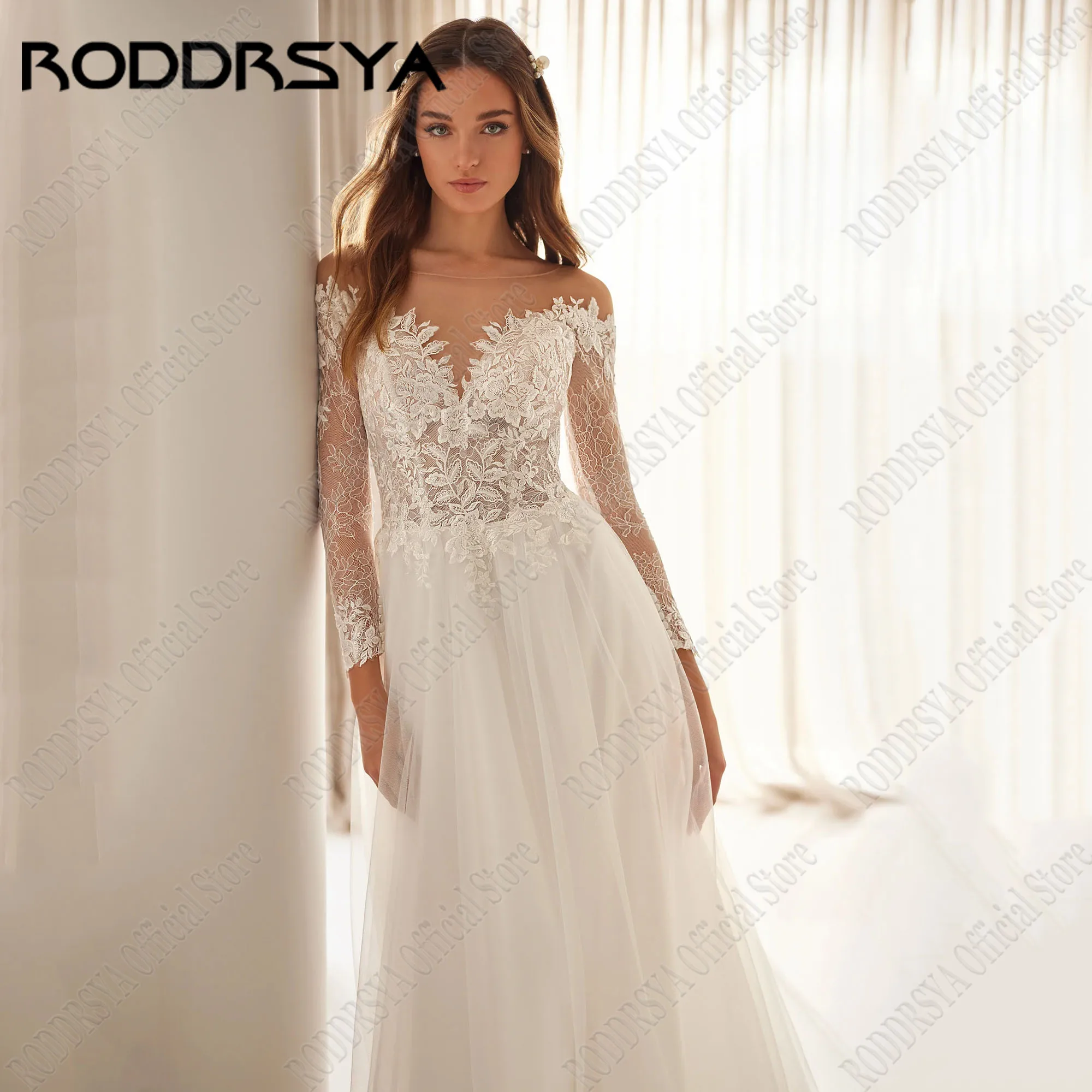 RODDRSYA Customized Long Sleeves O Neck Wedding Dress A Line Illusion Back Applique Lace Bride Gowns Elegant Tulle Wedding Gown