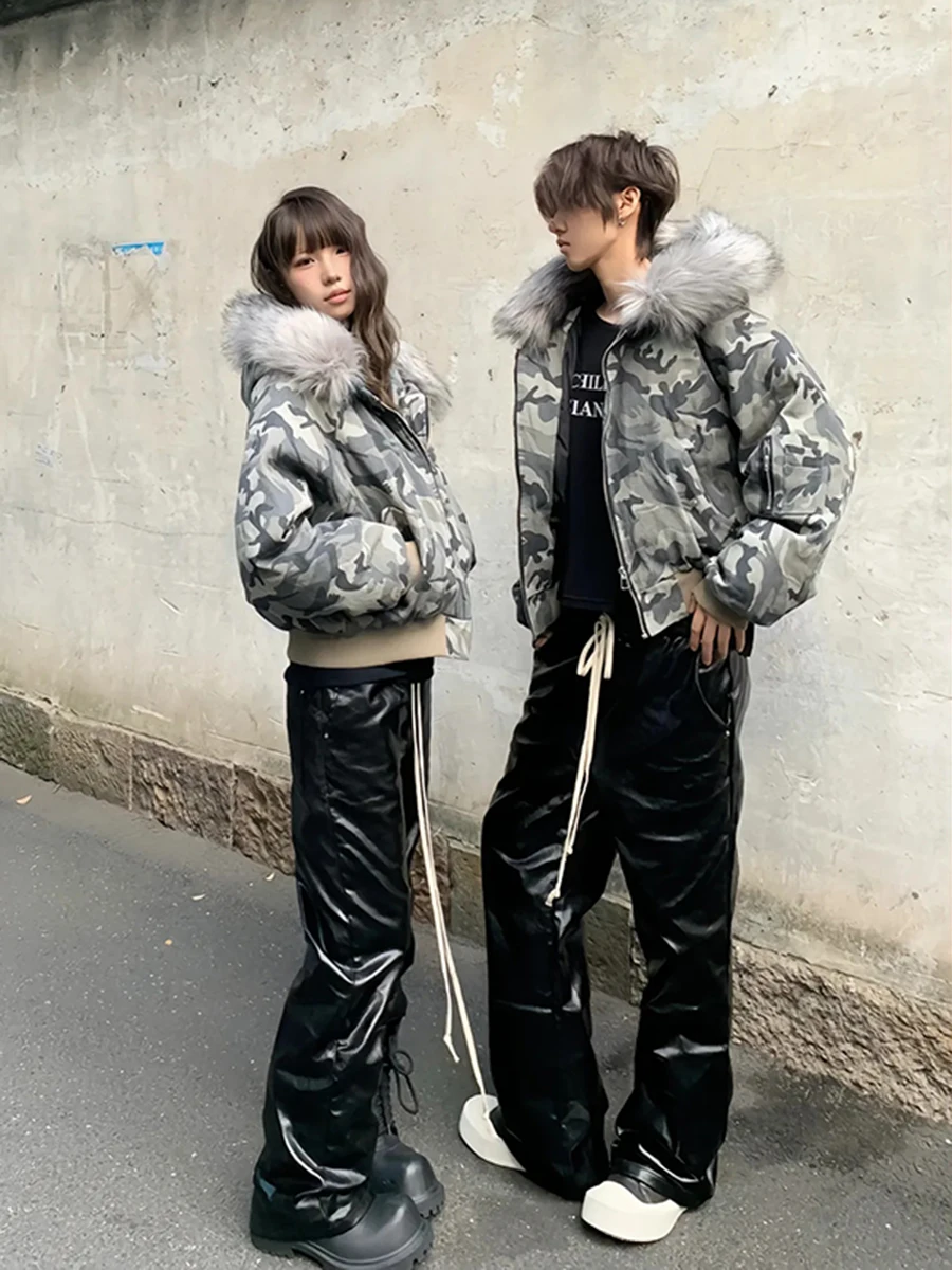 

Американская ретро-куртка из хлопка с камуфляжным принтом для мужчин, зимняя, в уличном стиле, с воротником из искусственного меха, хип-хоп, с капюшоном, гарантия тепла