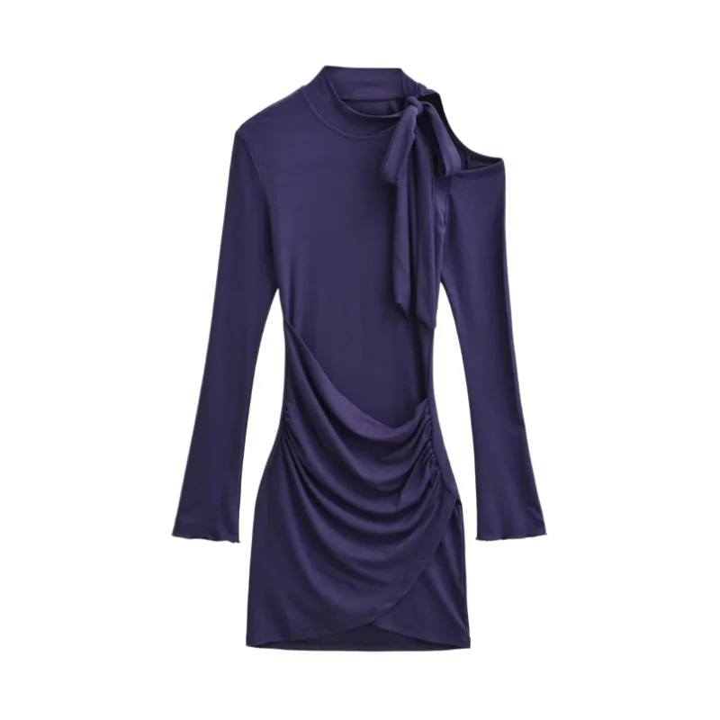 

Solid Color Spicy Girl Hollow Out Off-Shoulder Bow Tie Strap Dress For Women Waist-Cinching Ruched Bodycon Sexy Short Thin FZZ5