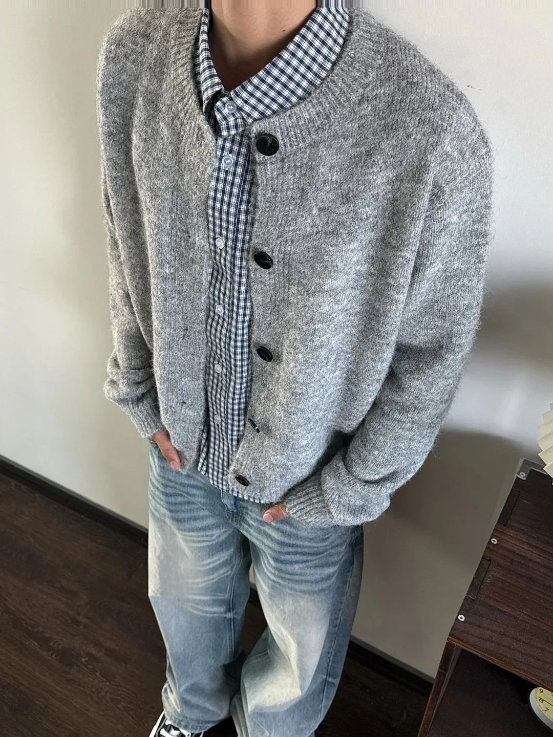 

American Retro round Ne Open Cardigan ey Sweater Men's Cleanfit Lazy Sle Casual Knitted Outerwear Leisure Faion