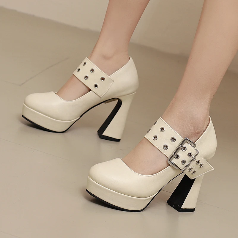 

Plus Size Round toe Platform Ultra-High Irregular Thick Heel Square Metal Buckle Shallow Hollow High Heels