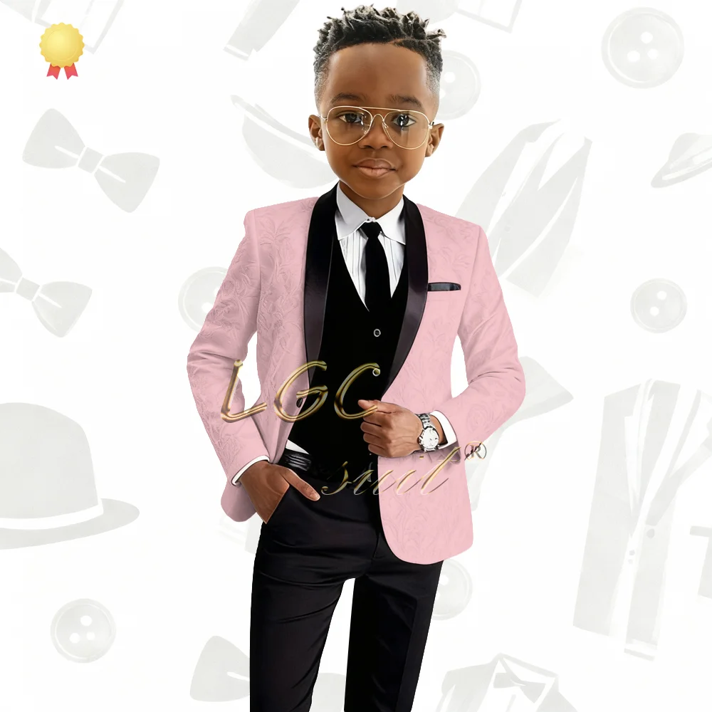 Boys 3 Piece Eye-Catching Jacquard Blazer Suit Vest Trousers Gentleman Formal Dress for Wedding & Celebration Events