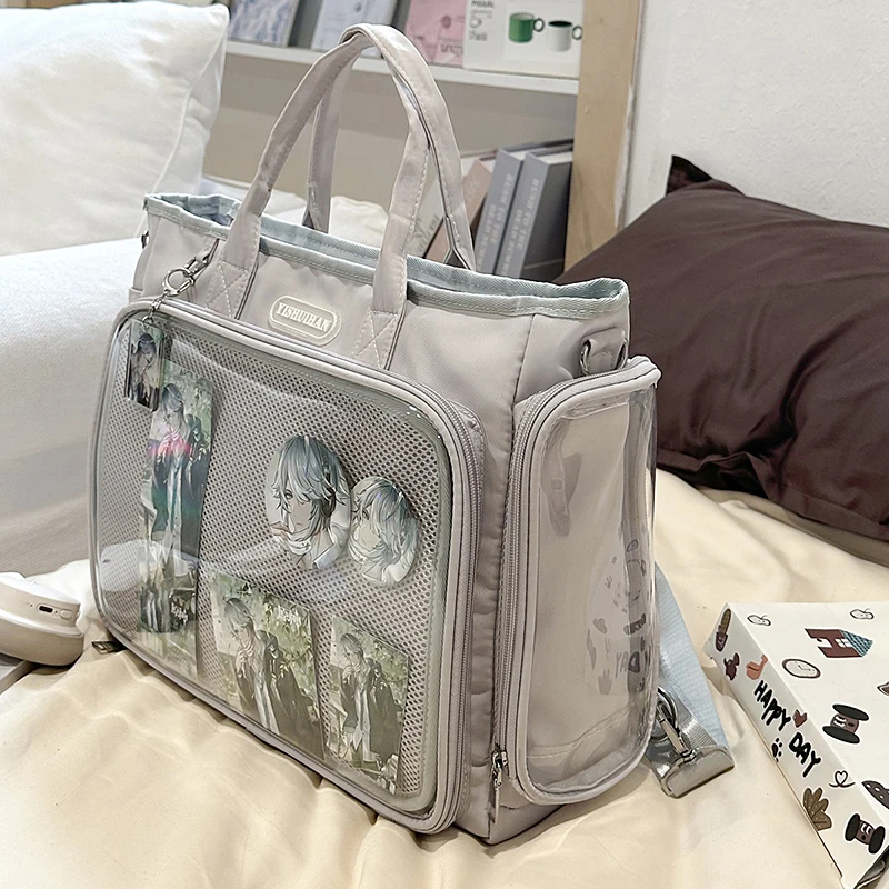 Large Capacity Kawaii Mint Green Shoulder Ita Bag School Backpack Student Clear Window Tote Bag for Pins Anime Fan Girls Handbag