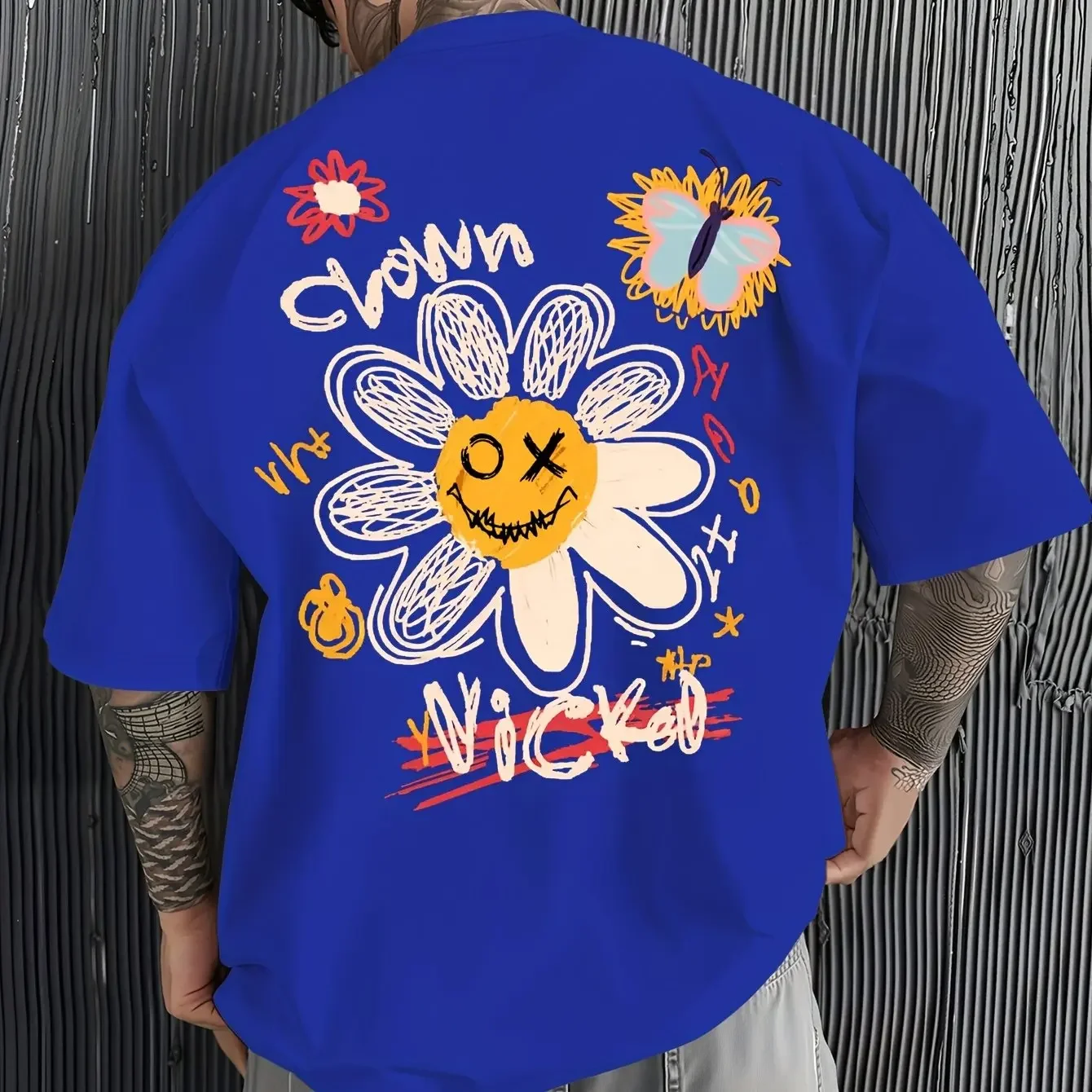 Y2K Spooky Face Flower Dual‑sided Print T‑Shirt Men Soft‑fabric Royal Blue Hip‑hop Casual Streetwear Tees