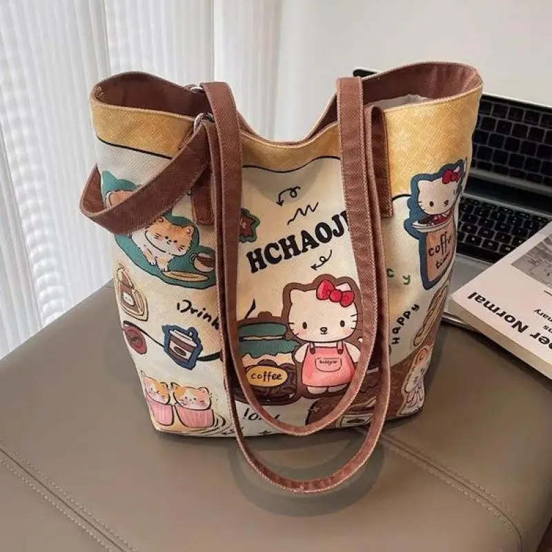 

Холщовая сумка с героями мультфильмов Sanrio для девочек, студенческая кавайная сумка на плечо большой вместимости, портативный портативный рюкзак с допамином, новинка