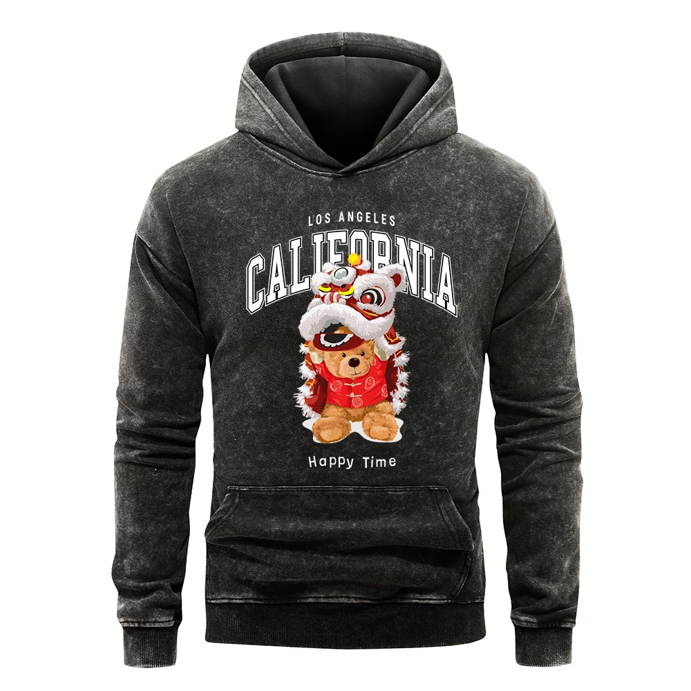 The Lion Dancing Bear Cute Print Male Washed Hoody All-Match Cotton Hoodies Pocket Loose Streetwear Casual Multicolor Hoodie