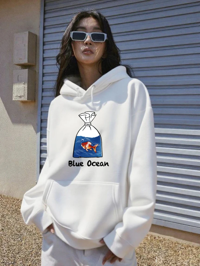 هوديي بقلنسوة للنساء نمط حقيبة السمك المطبوعة الفضفاضة للارتداء اليومي للأزواج في الخريف والشتاء كاجوال