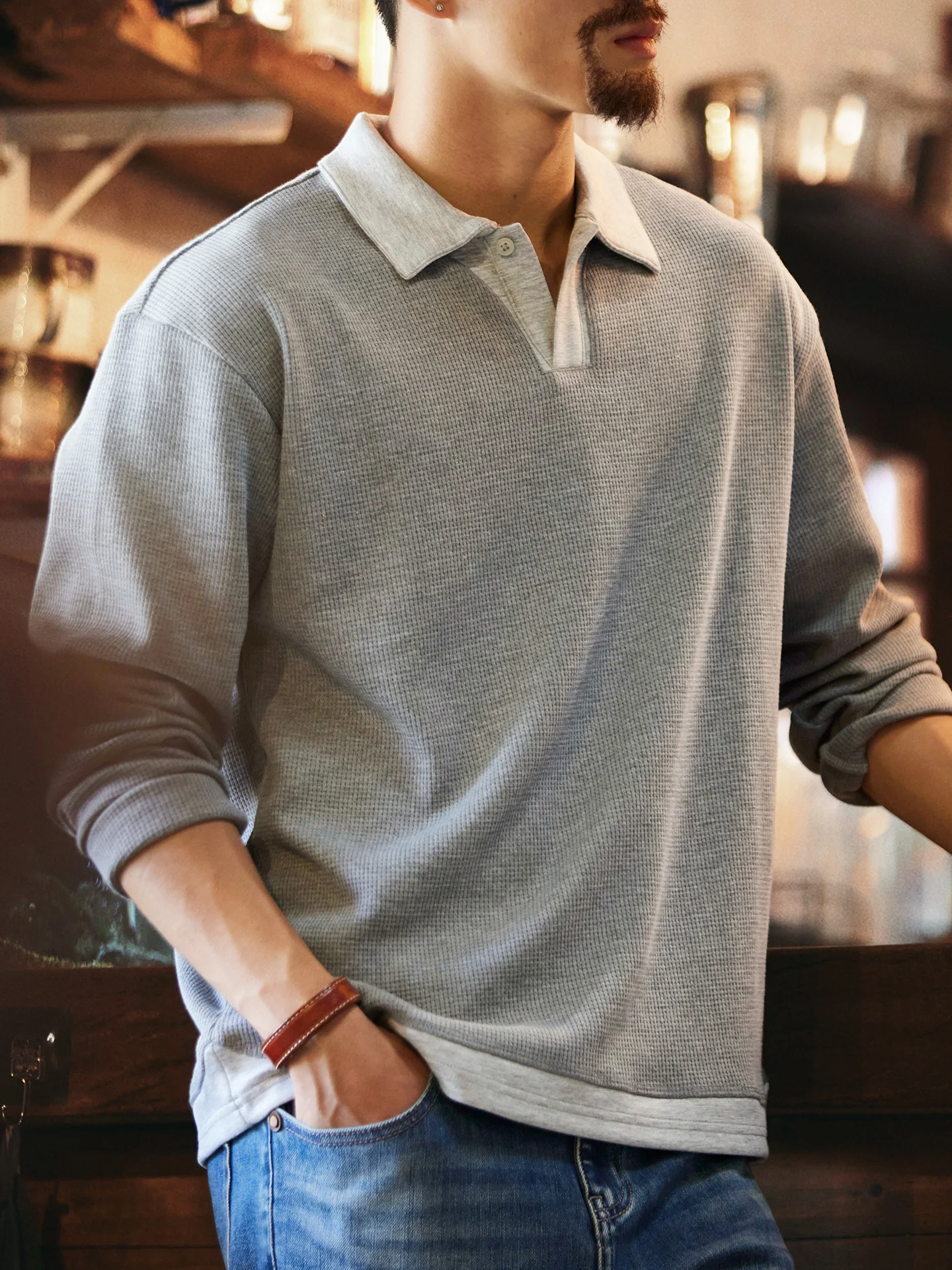 Heavyweight 380g Men's Long Sleeve  Shirt Casual Loose Fit Contrast Color Fake Two-Piece Waffle Pattern Spring Autumn New...