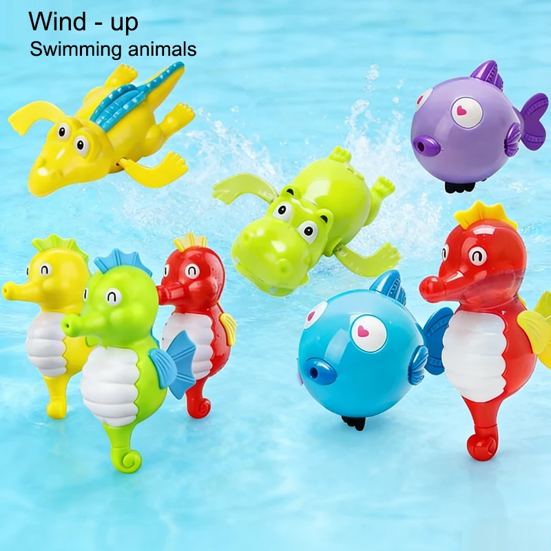 Wind-up Swimming Animals Bath Toys Cartoon Hippo Fish Seahorse Frog Water Play Toys for Kids