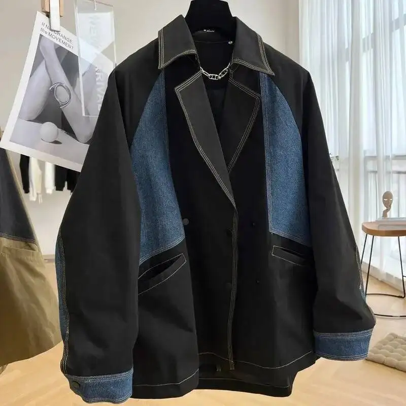 Heavyweight Denim Patchwork Jacket Casual Work Attire Women's 2025 Spring Autumn Thin Mid Length Trench Coat Design Sense Niche