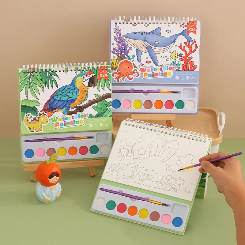 

Cartoon watercolor painting set with 8 colors DIY art book, student watercolor painting