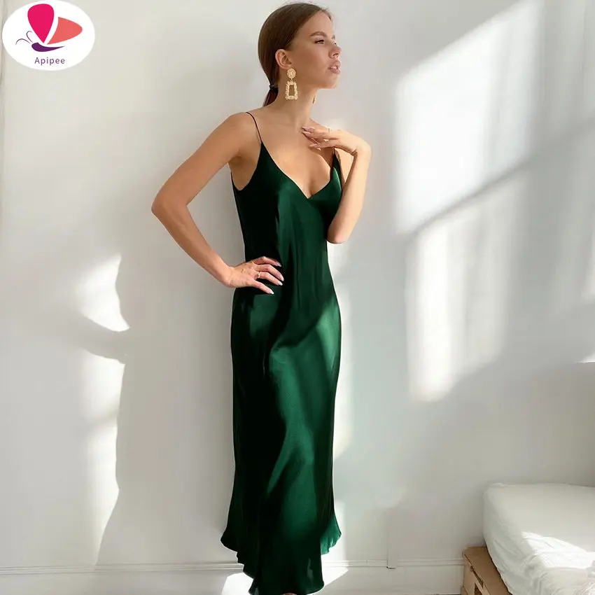 

APIPEE 2024 Summer Women Satin Slip Dress Spaghetti Strap Vintage Green Black Silk Sexy Long Party Dresses