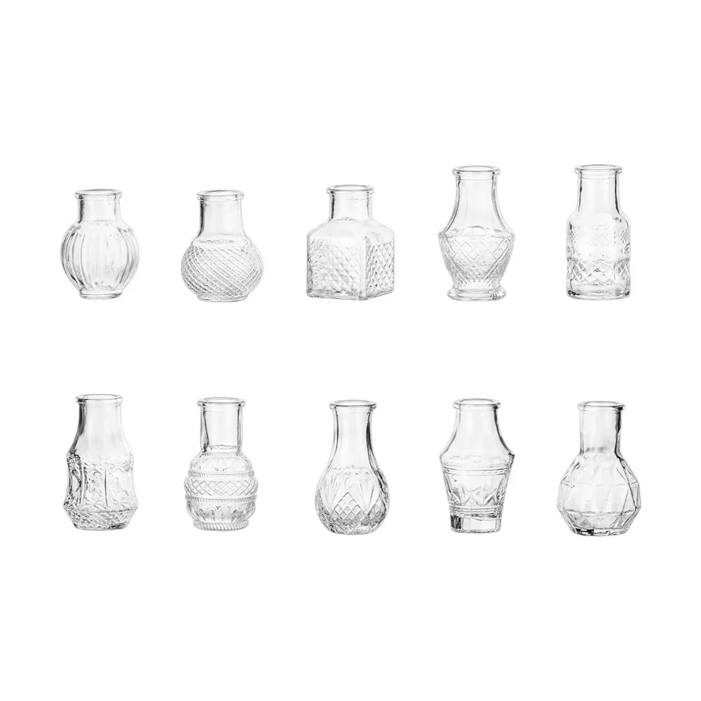 

10PCS/SET Retro Relief Mini Glass Vase Crystal Clear European Style Small Vase Set Elegant Decorative Flower Holder