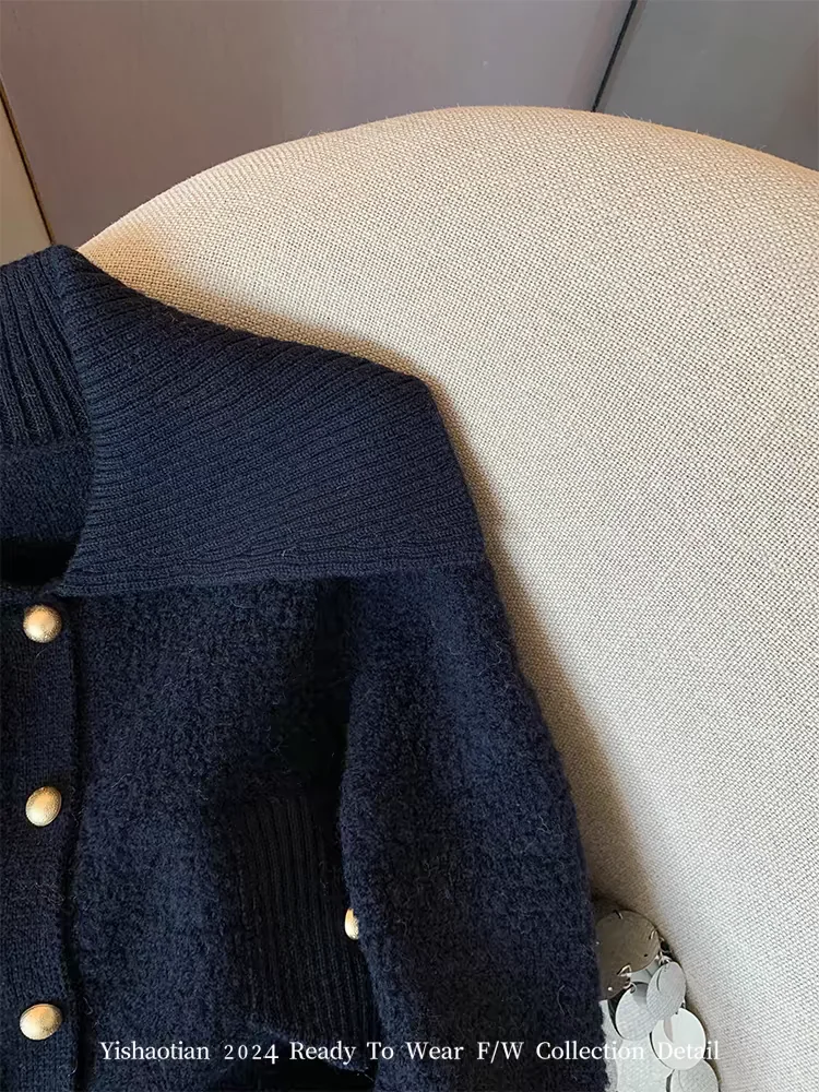 Suéter feminino de manga comprida com gola dourada y2k, suéter francês elegante e moderno retrô, roupas de outono e inverno