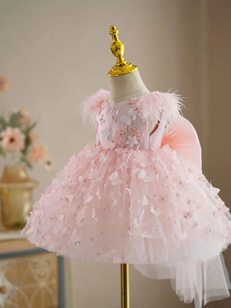 Girl\'s Dress 2024 Baby Pearl Butterfly Princess Dress Children\'s Fashion Fluffy Dress Wedding Birthday Performance Gauze Dress