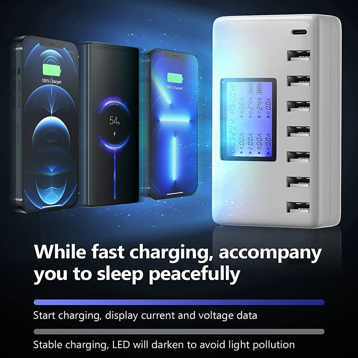 محطة شحن USB 8 منافذ 60 وات 12 أمبير شاحن USB C متعدد مع شاشة LCD للهاتف المحمول والكمبيوتر اللوحي وأجهزة متعددة iPhone 14 8 #3