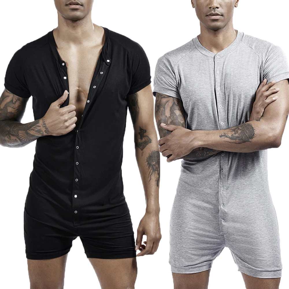 

Men's Sexy Bodysuit Pajamas Home Clothes Slimming Button Corset Body Shaper Jumpsuit Men Solid Color T-Shirts Romper Sleepwear